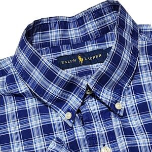 Ralph Lauren Button Down Shirt Men Large Blue Plaid Long Sleeve Cotton Casual